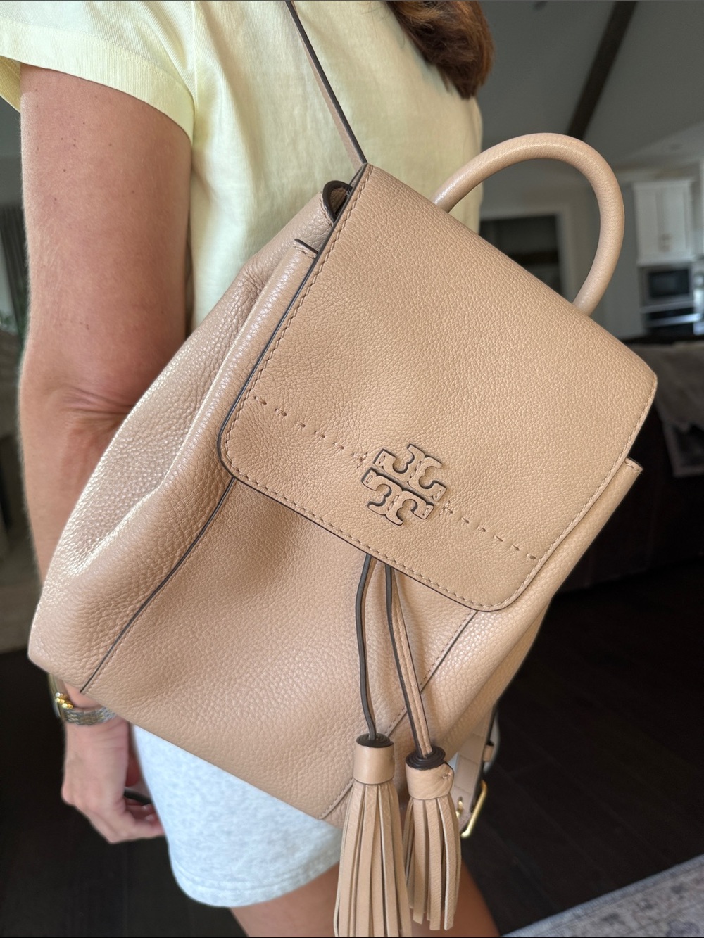 Tory Burch Pebbled Leather Tassel Backpack in Light Beige